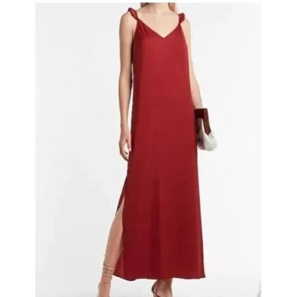 NEW EXPRESS Maxi Slip Dress Large Sliy Rust Ruffle Straps NWT‎ $98 - Picture 1 of 14